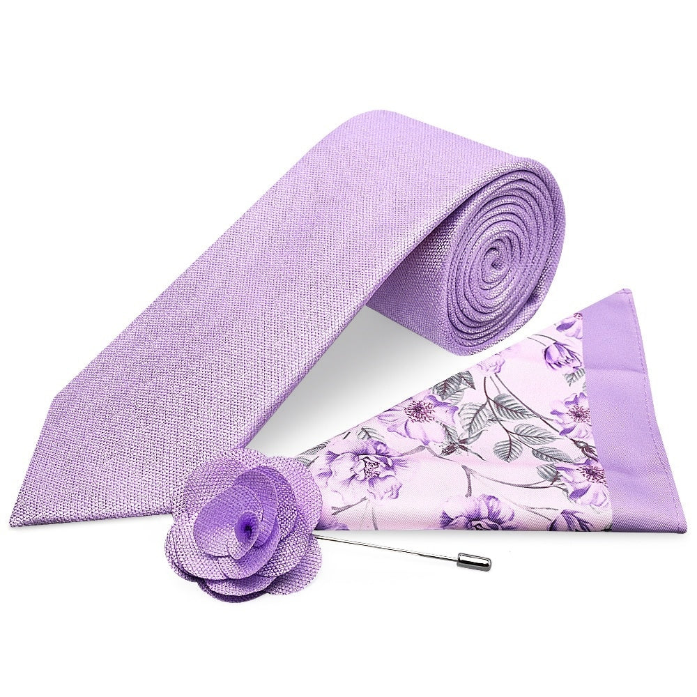 Classic Lilac Mens Tie With Pocket Square And Lapel Pin Set 1
