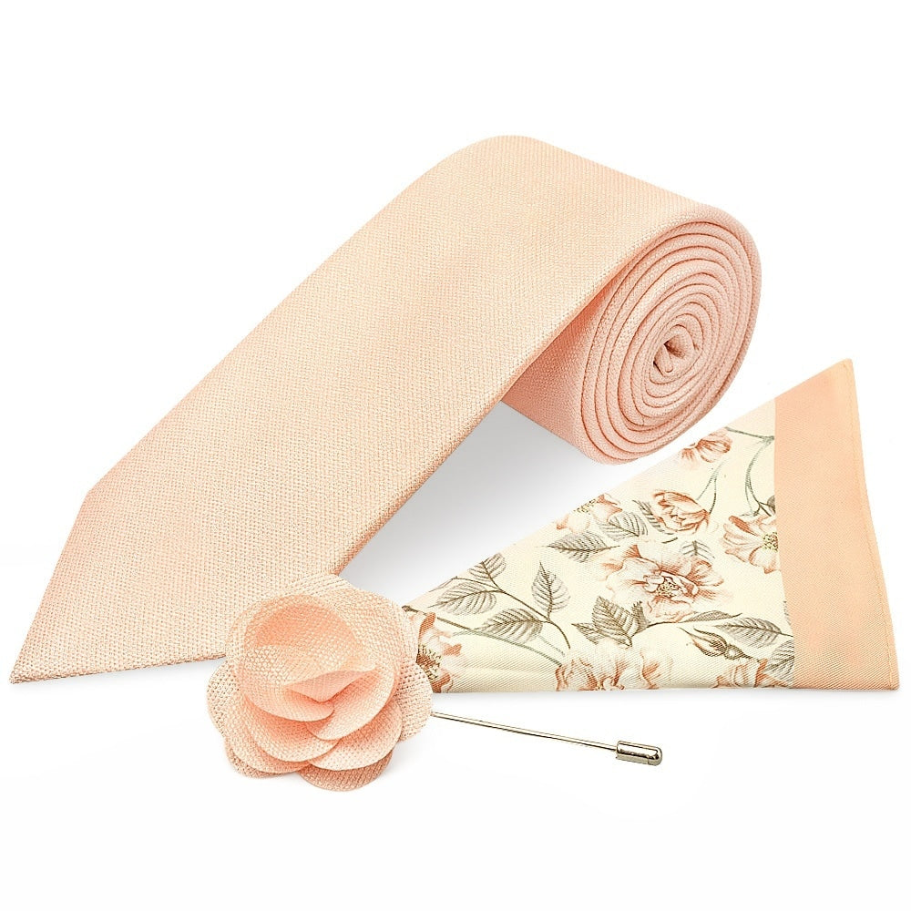 Classic Peach Mens Tie With Pocket Square And Lapel Pin Set 1