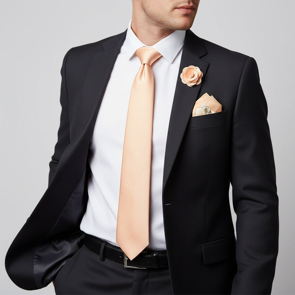 Classic Peach Mens Tie With Pocket Square And Lapel Pin Set 2
