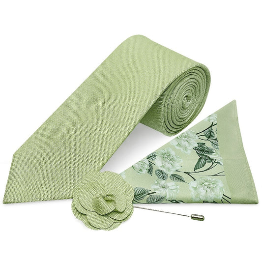 Classic Sage Green Mens Tie With Pocket Square And Lapel Pin Set 1