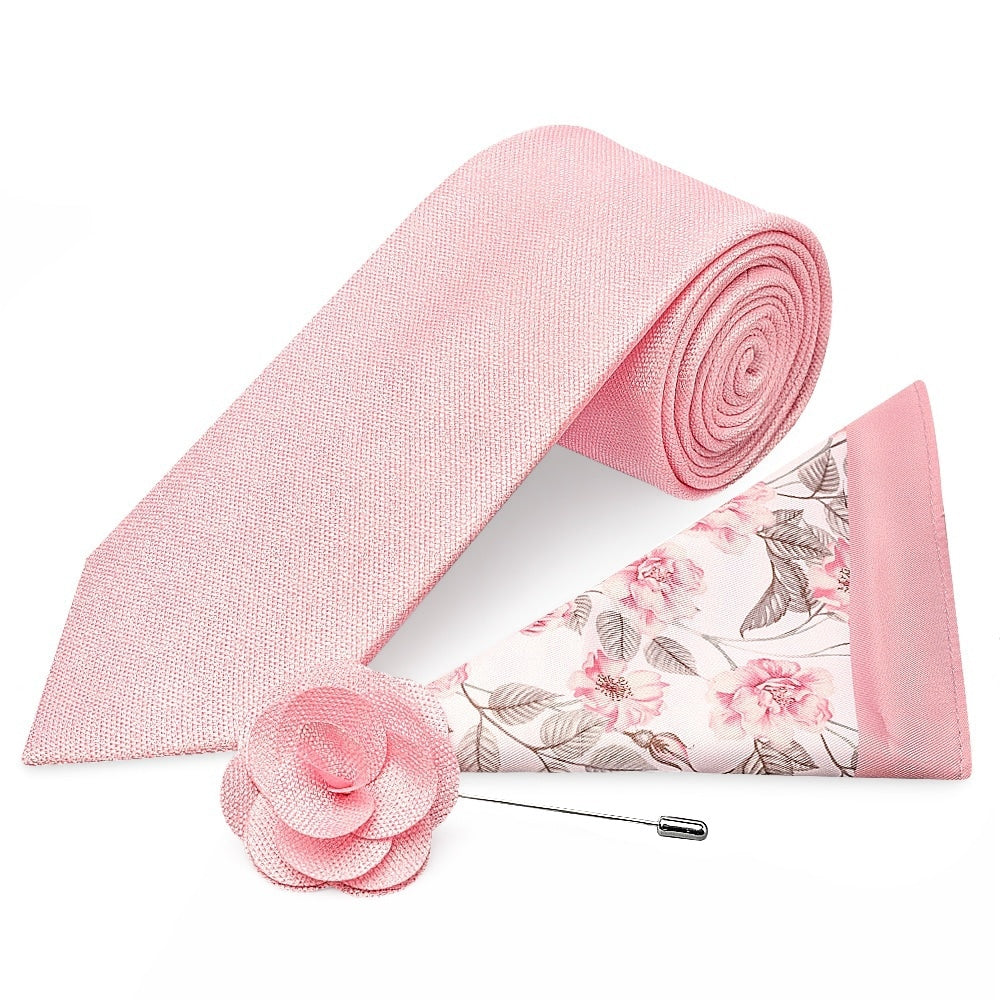 Classic Pink Mens Tie With Pocket Square And Lapel Pin Set 1
