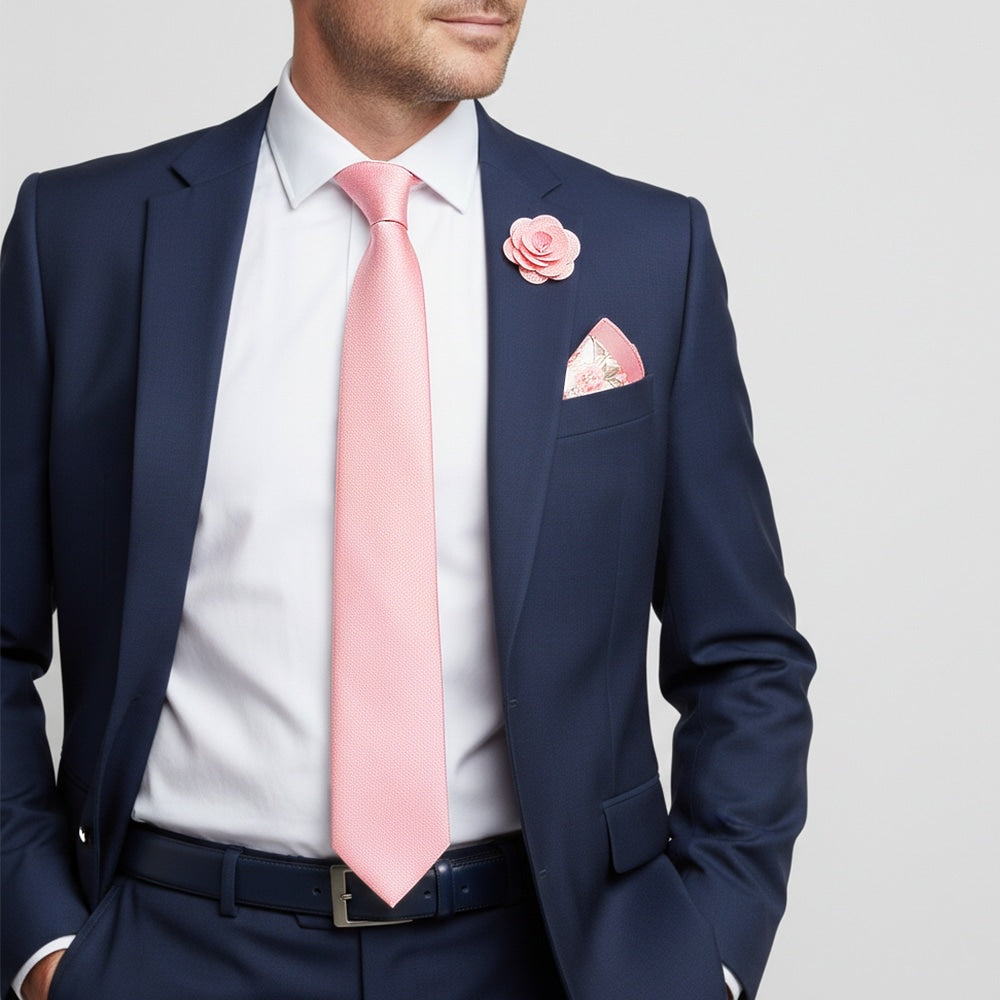 Classic Pink Mens Tie With Pocket Square And Lapel Pin Set 2