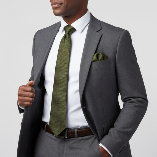 Olive Green Textured Classic Tie And Pocket Square Set 2
