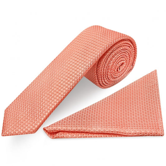 Coral Textured Skinny Tie And Pocket Square Set 1