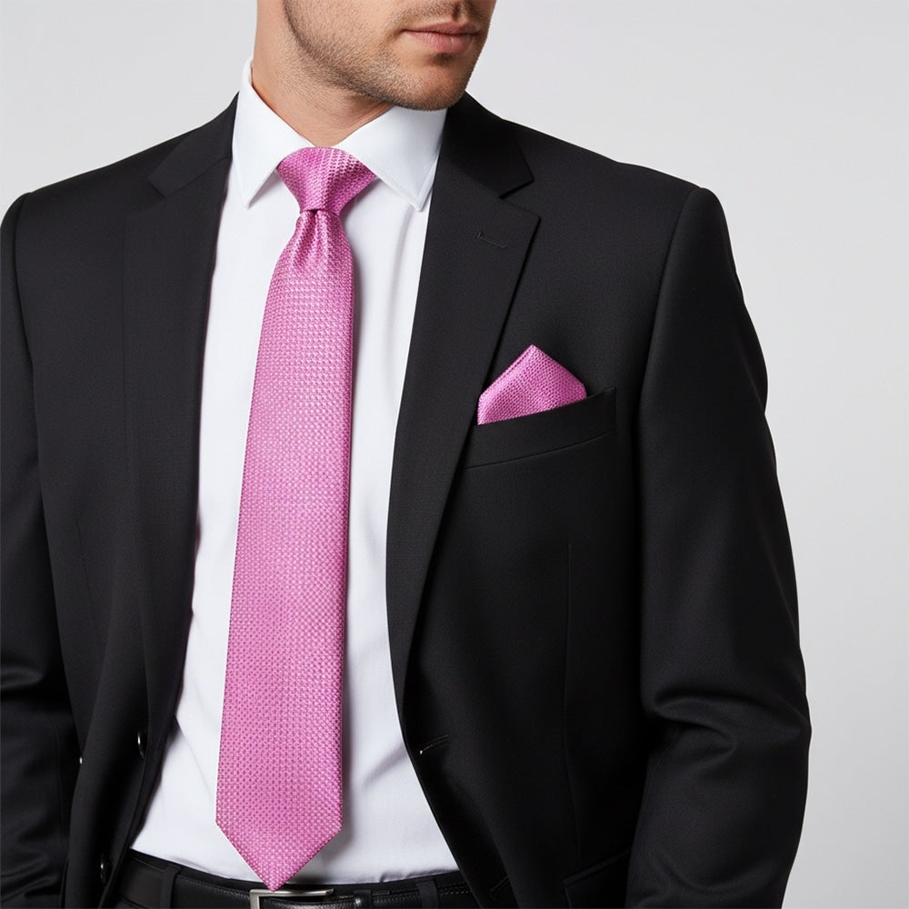 Hot Pink Textured Classic Tie And Pocket Square Set 2