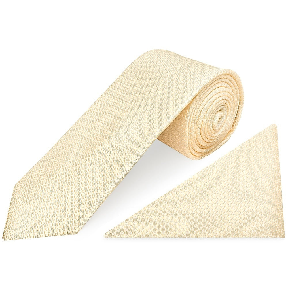 Ivory Textured Classic Tie And Pocket Square Set 1
