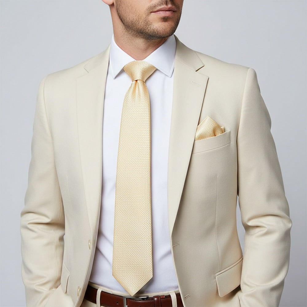 Ivory Textured Classic Tie And Pocket Square Set 2