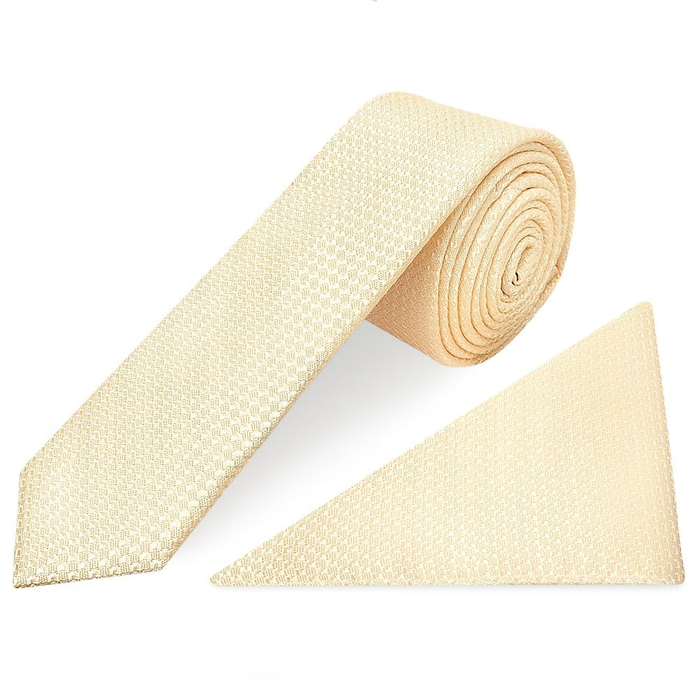 Ivory Textured Skinny Tie And Pocket Square Set 1