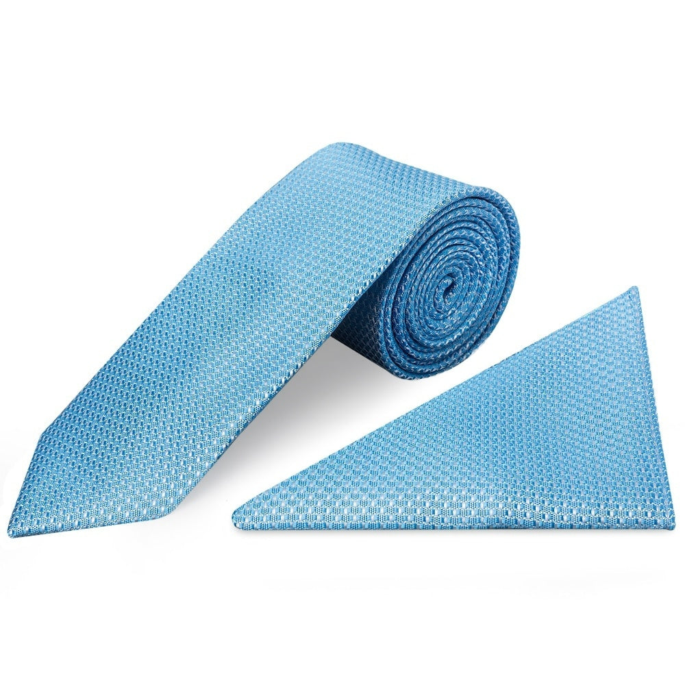 Blue Textured Classic Tie And Pocket Square Set 1