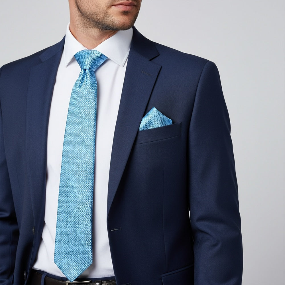 Blue Textured Classic Tie And Pocket Square Set 2