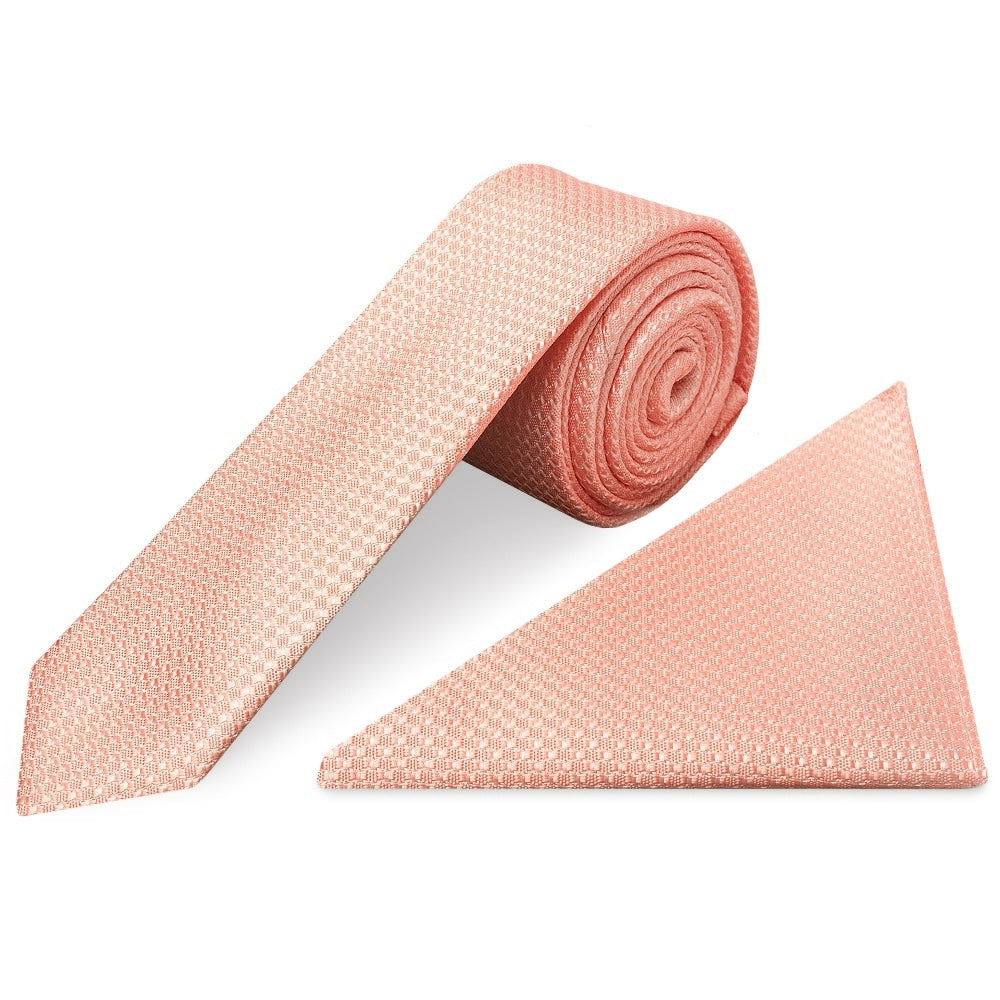 Peach Textured Skinny Tie And Pocket Square Set 1