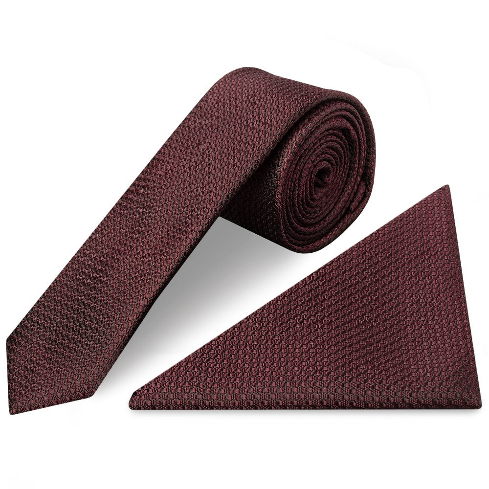 Burgundy Textured Skinny Tie And Pocket Square Set 1
