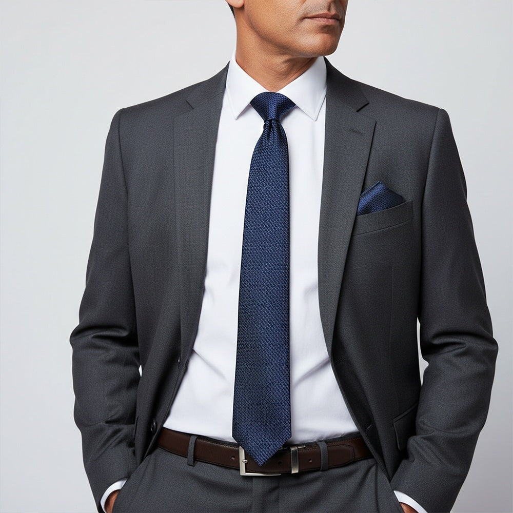 French Navy Textured Classic Tie And Pocket Square Set 2