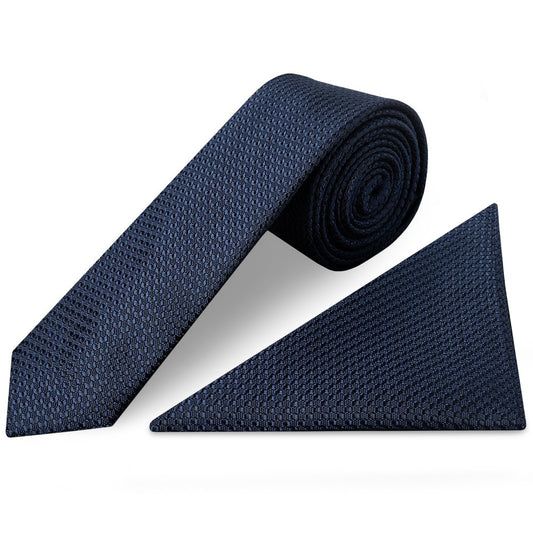 French Navy Textured Skinny Tie And Pocket Square Set 1