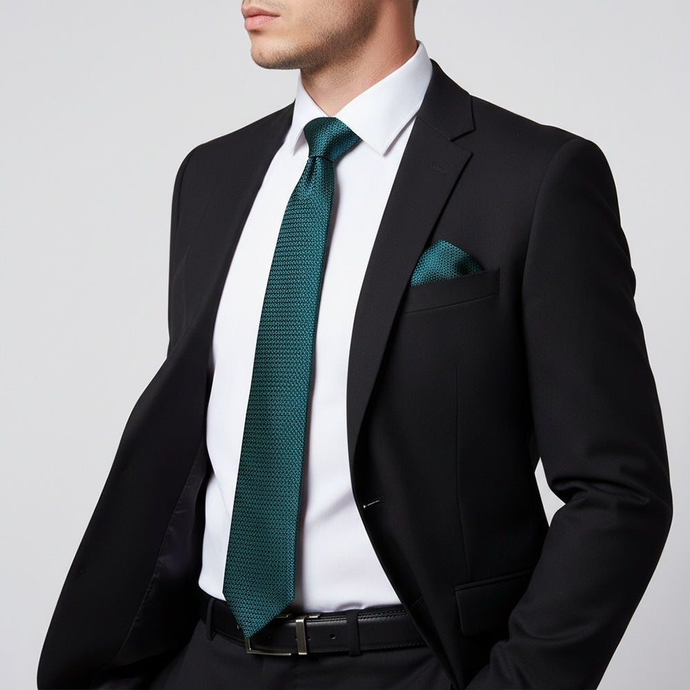 Teal Textured Classic Tie And Pocket Square Set 2