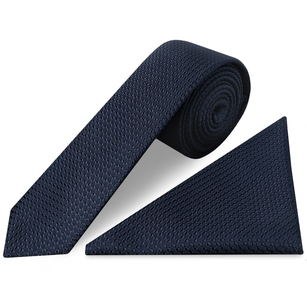 Navy Textured Skinny Tie And Pocket Square Set 1