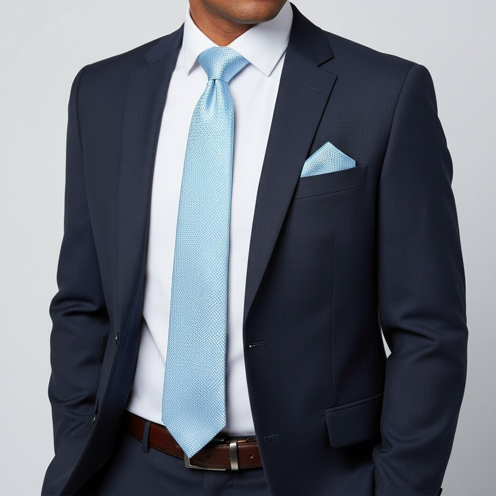 Dusty Blue Textured Classic Tie And Pocket Square Set 2