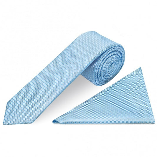 Dusty Blue Textured Skinny Tie And Pocket Square Set 1