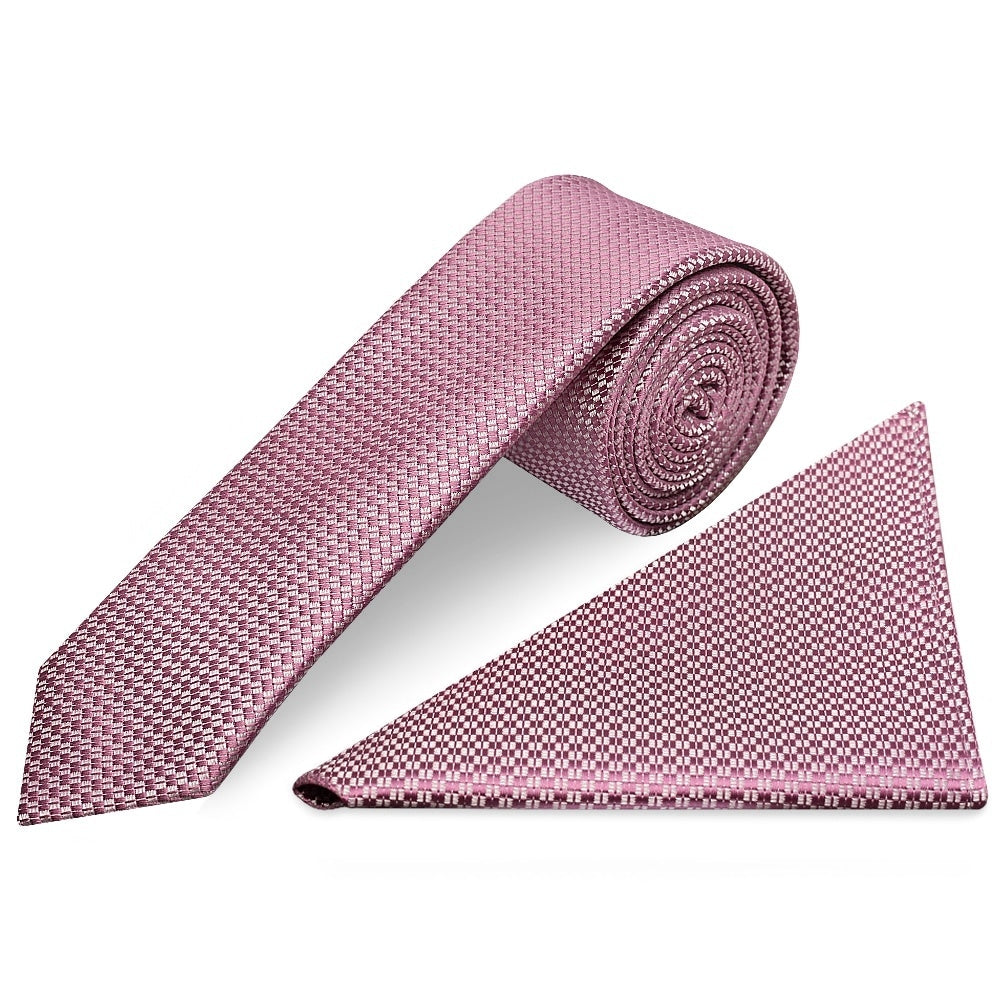 Dusty Pink Textured Skinny Tie And Pocket Square Set 1
