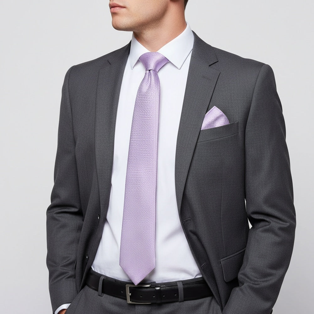 Lilac Textured Classic Tie And Pocket Square Set 2