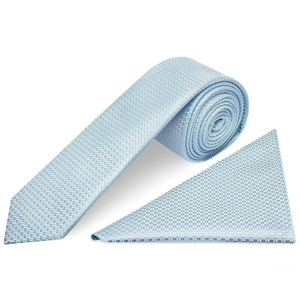 Sky Blue Textured Skinny Tie And Pocket Square Set 1