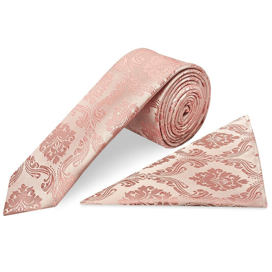 Rose Gold Paisley Skinny Mens Tie And Pocket Square Set 1