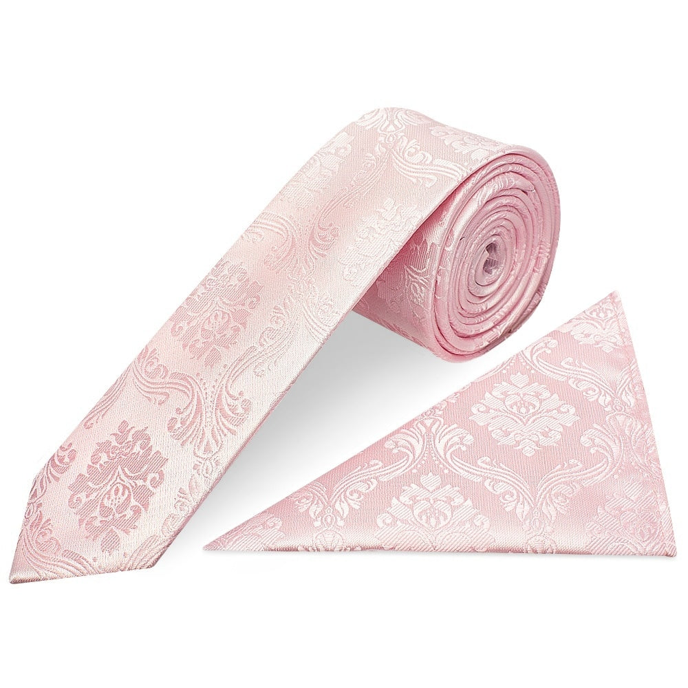 Blush Pink Paisley Skinny Mens Tie And Pocket Square Set 1
