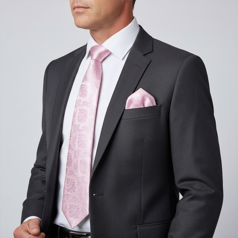 Light Dusty Pink Paisley Classic Mens Tie And Pocket Square Set 2