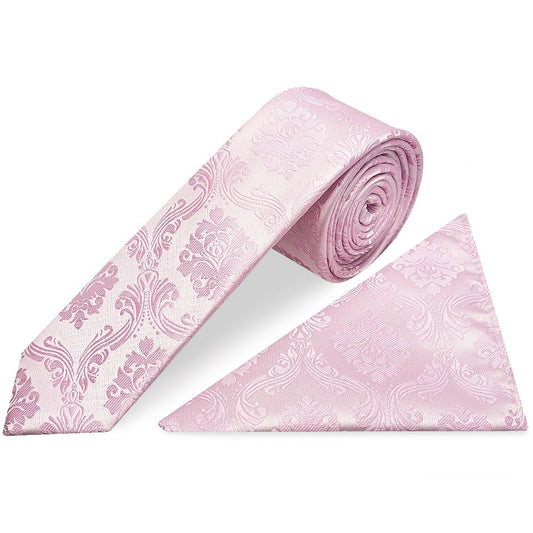 Light Dusty Pink Paisley Skinny Mens Tie And Pocket Square Set 1