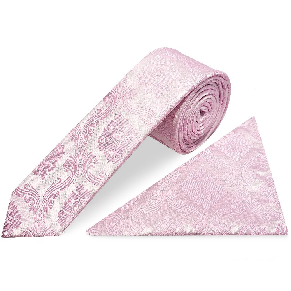 Light Dusty Pink Paisley Boys Skinny Tie And Pocket Square Set 1