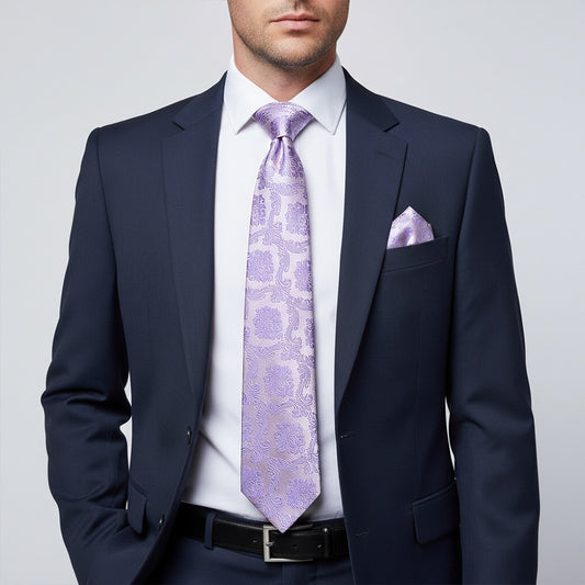 Lilac Paisley Skinny Mens Tie And Pocket Square Set 2