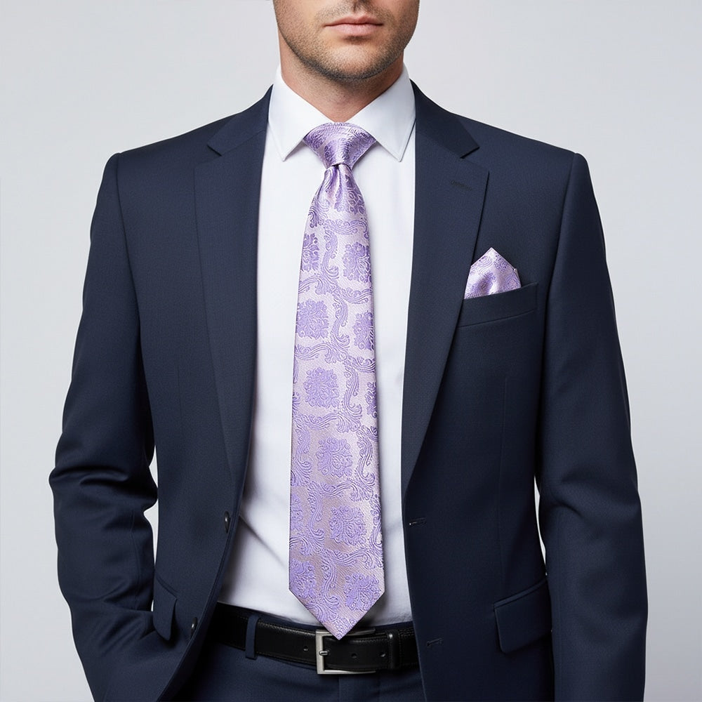 Lilac Paisley Classic Mens Tie And Pocket Square Set 2