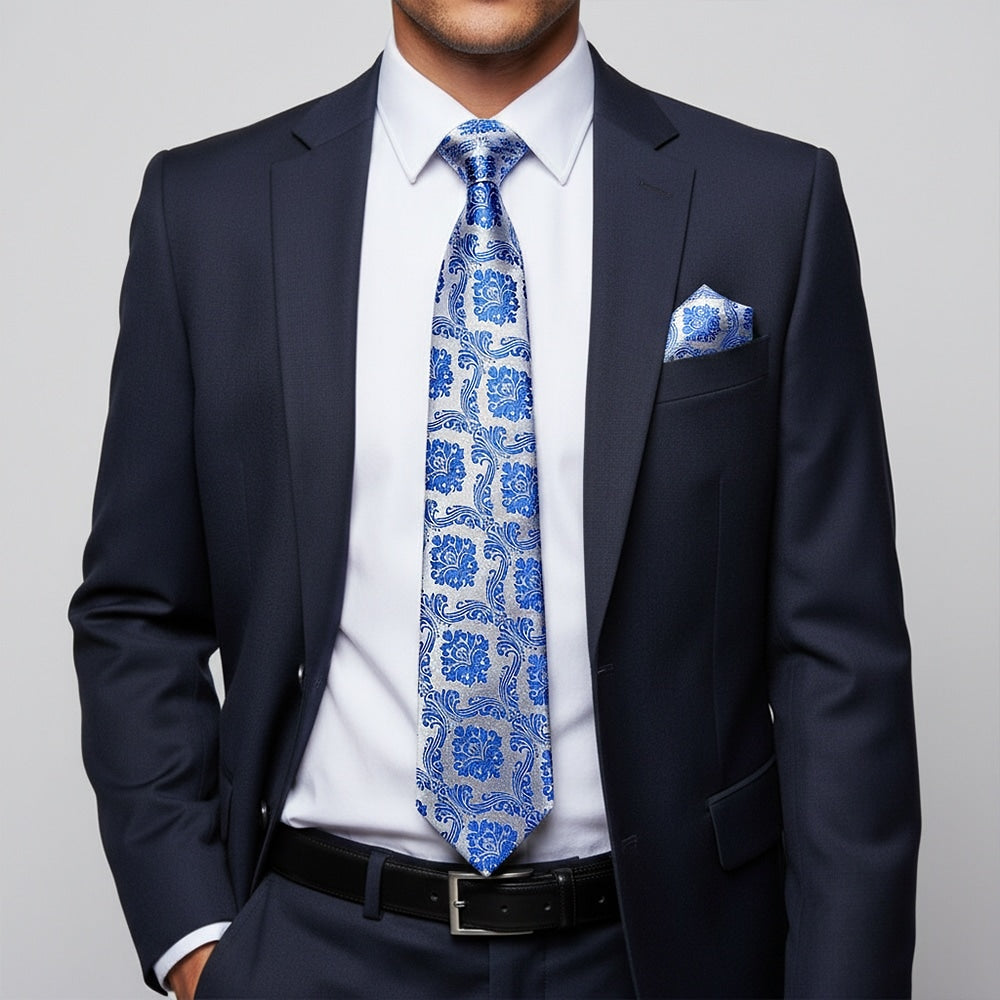 Royal Blue Paisley Classic Mens Tie And Pocket Square Set 2