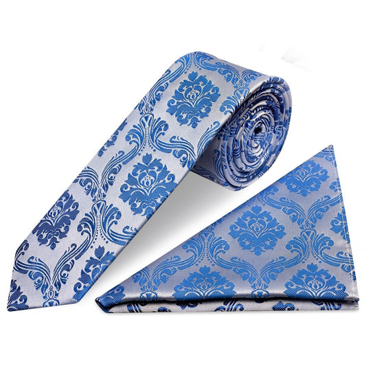 Royal Blue Paisley Skinny Boys Tie And Pocket Square Set 1