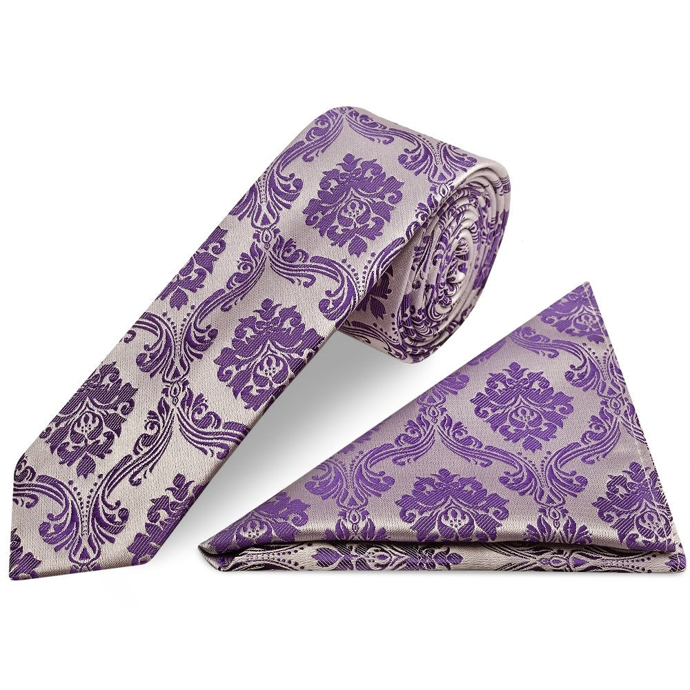 Purple Paisley Skinny Mens Tie And Pocket Square Set 1