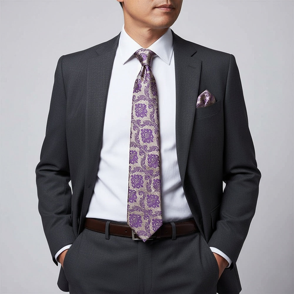 Purple Paisley Classic Mens Tie And Pocket Square Set 2