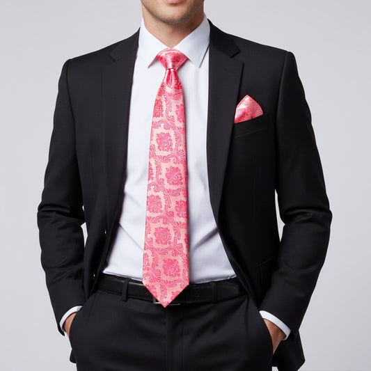 Light Coral Paisley Classic Mens Tie And Pocket Square Set 2
