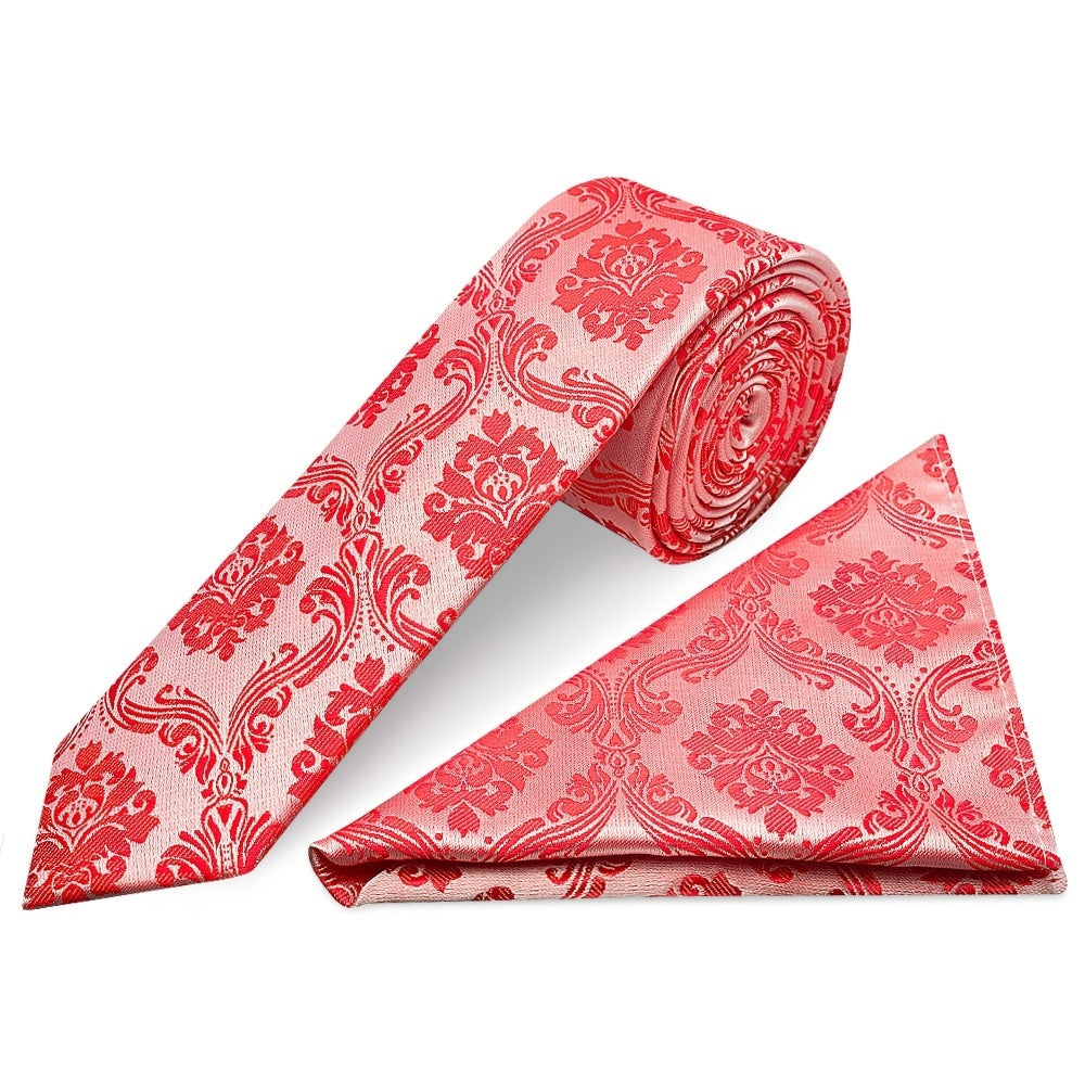 Bright Red Paisley Skinny Mens Tie And Pocket Square Set 1