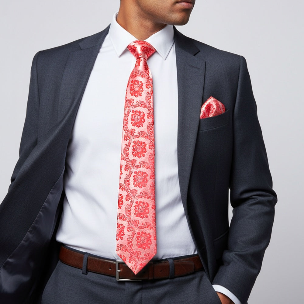 Bright Red Paisley Classic Mens Tie And Pocket Square Set 2