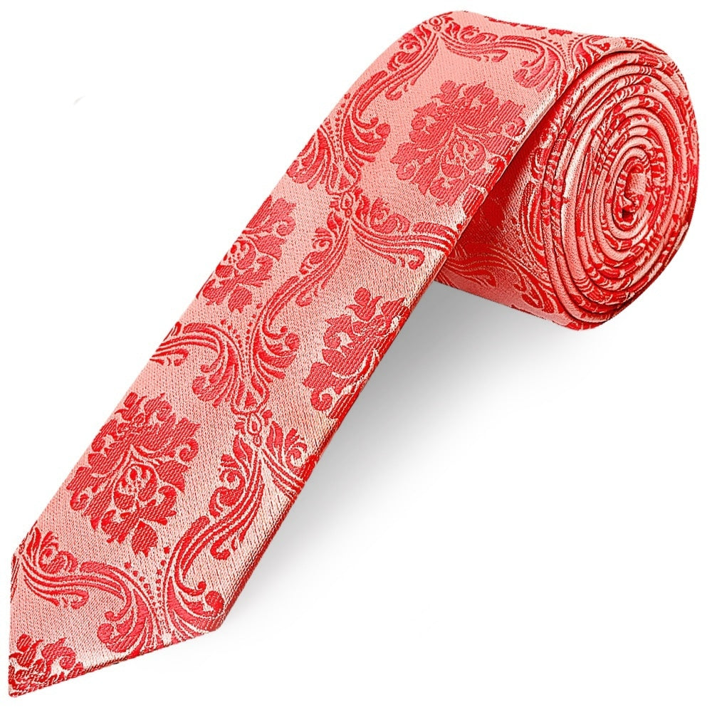 Coral Pink Paisley Skinny Mens Tie 1