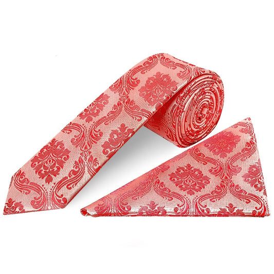 Coral Pink Paisley Skinny Mens Tie And Pocket Square Set 1