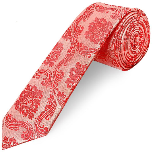 Coral Pink Paisley Skinny Mens Tie And Pocket Square Set 2