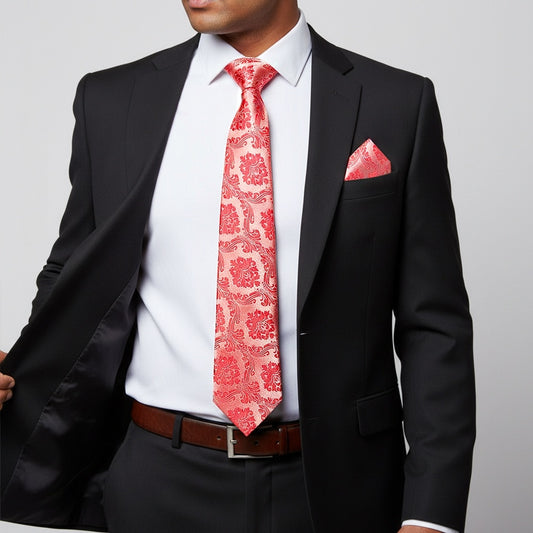 Coral Pink Paisley Classic Mens Tie And Pocket Square Set 2