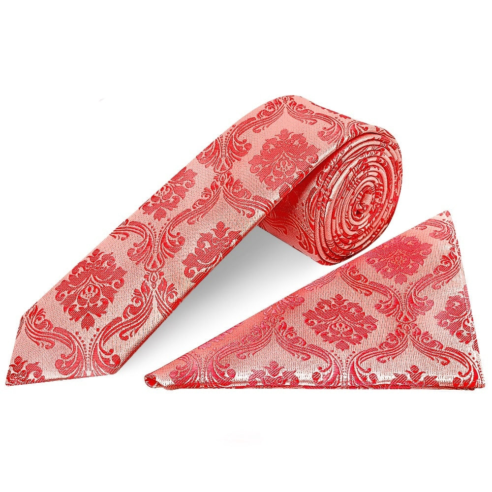 Coral Pink Paisley Skinny Boys Tie And Pocket Square Set 1