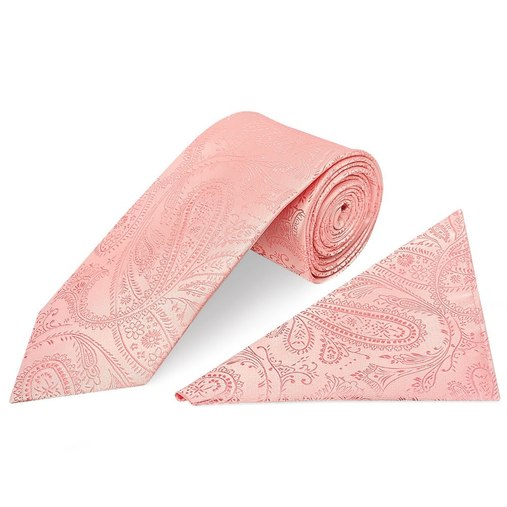 Light Pink Paisley Classic Mens Tie Pocket Square Set 1