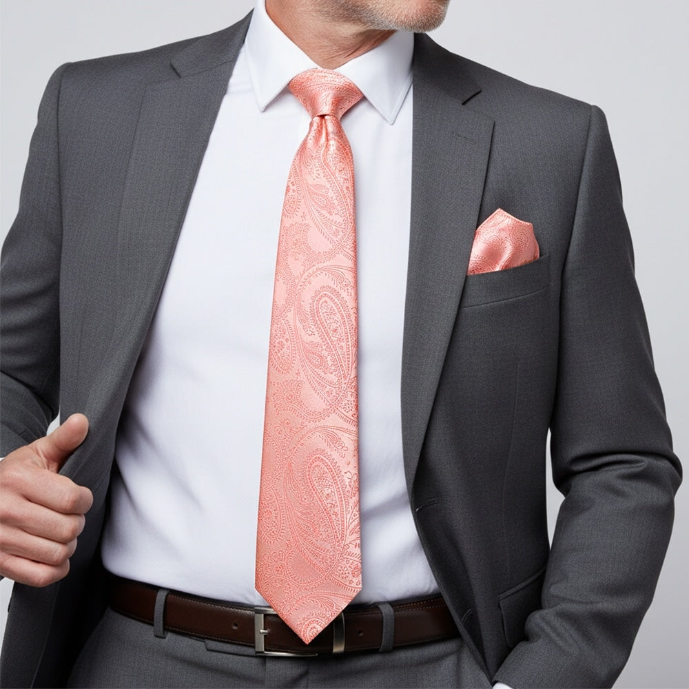 Light Pink Paisley Classic Mens Tie Pocket Square Set 2