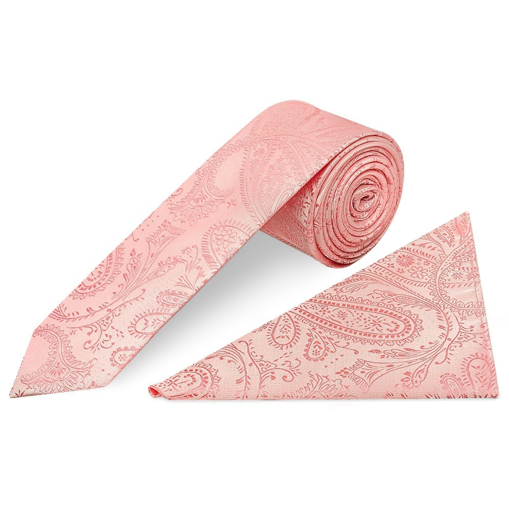 Light Pink Paisley Skinny Boys Tie And Pocket Square Set 1
