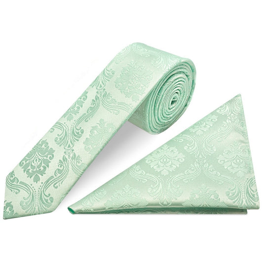 Mint Green Paisley Skinny Boys Tie And Pocket Square Set 1