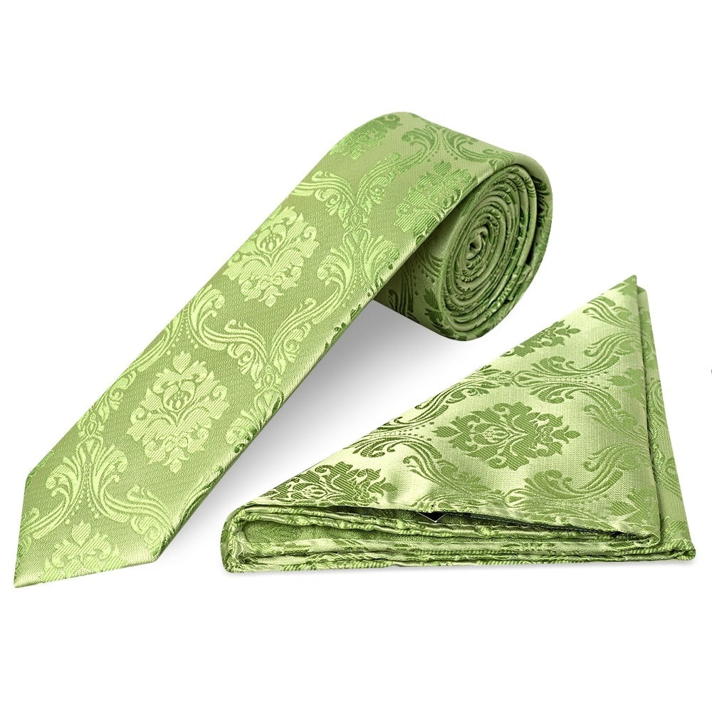 Light Green Paisley Skinny Mens Tie And Pocket Square Set 1