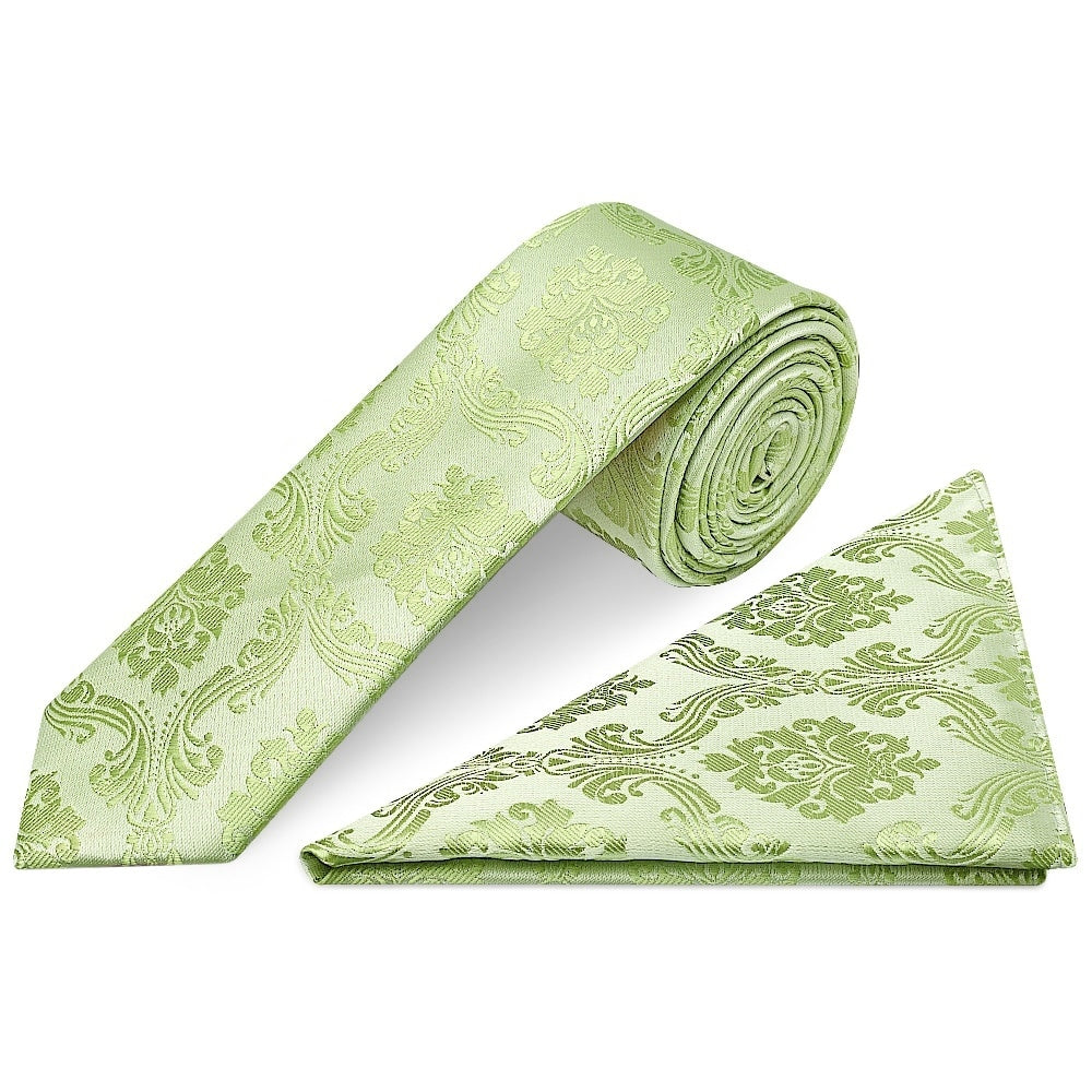 Sage Green Paisley Skinny Mens Tie And Pocket Square Set 1